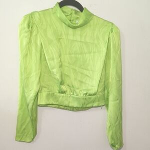 Ronny Kobo Midler Top Green Satin Long Sleeve Pleated Shoulder Women's Size 4